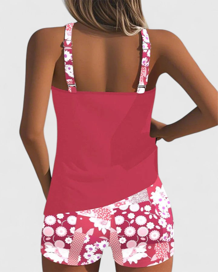 Racerback Tank and Floral Print Shorts Tankini Swimsuit Set