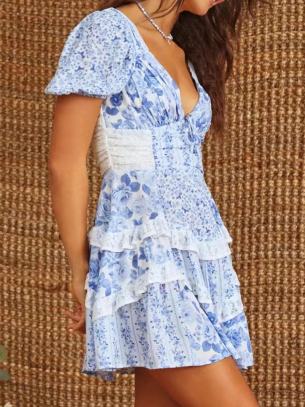 Floral Print Lace Trim Sweetheart Puff Sleeve Tiered Mini Dress 26