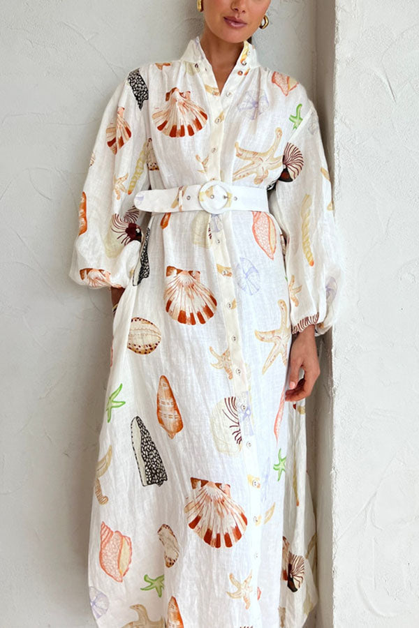 Swinton Marine Element Print Pocket Balloon Sleeve Belted Maxi Dress