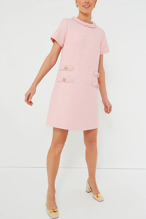 Tweed Braided Trim Faux Pocket Metallic Button Short Sleeve Shift Mini Dress
