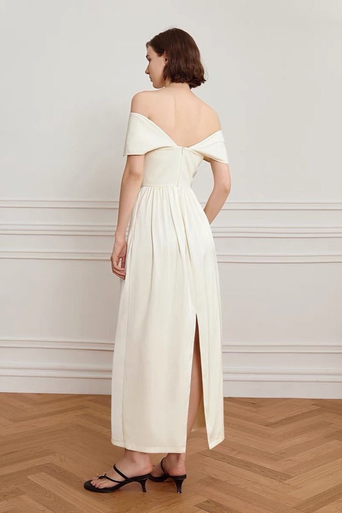 Off Shoulder Wrap Draped Bodice Gathered Waist Maxi Gown