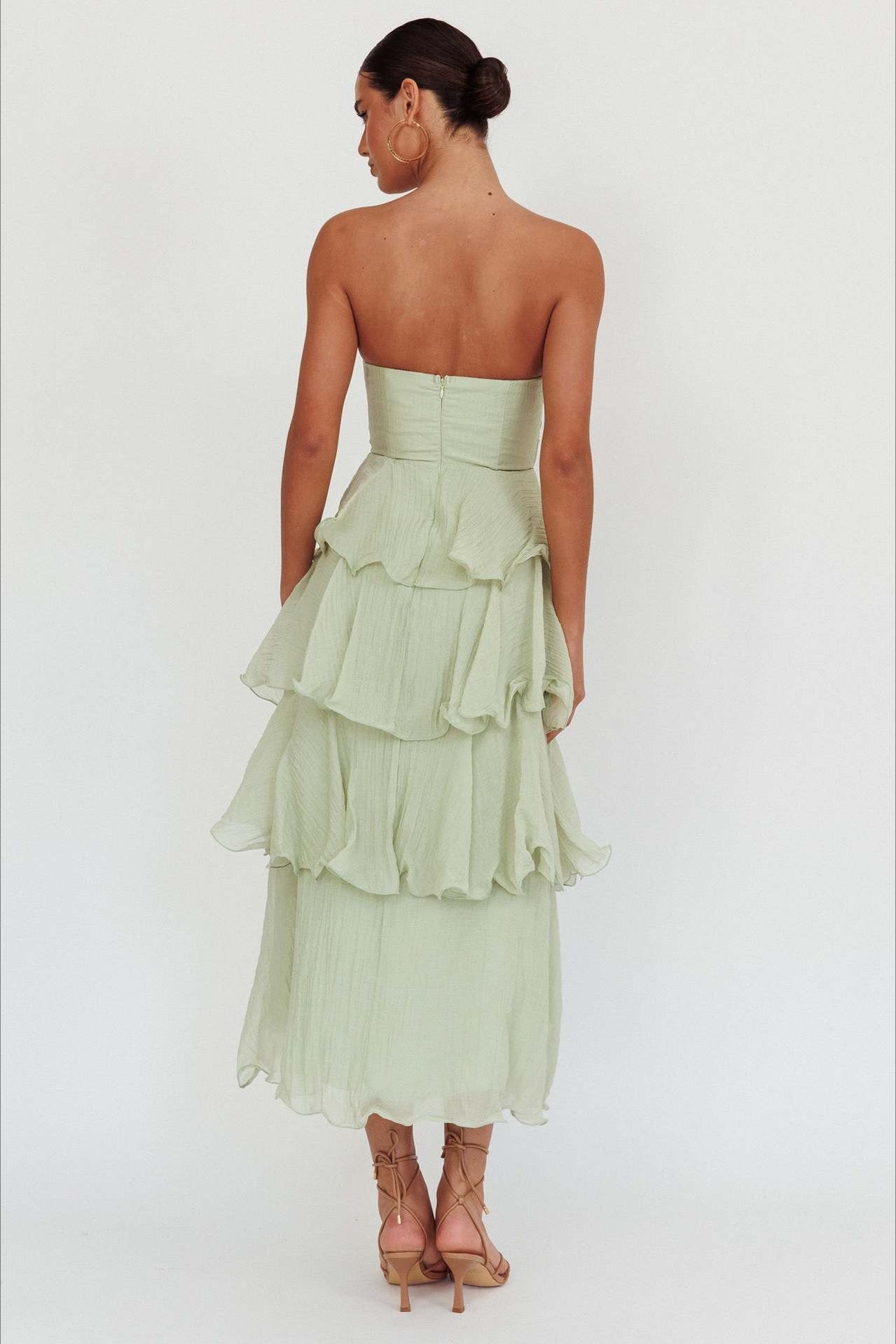 Strapless Tiered Ruffle Fit and Flare Midi Dress