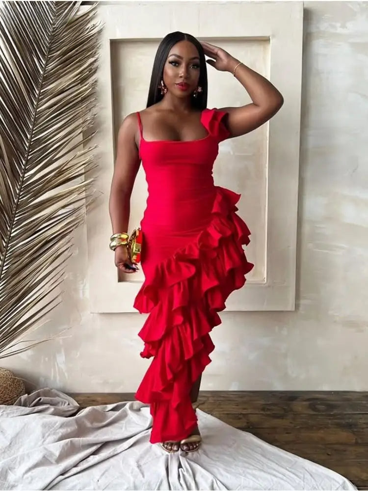 One Shoulder Cascading Tiered Ruffle Bodycon Maxi Dress