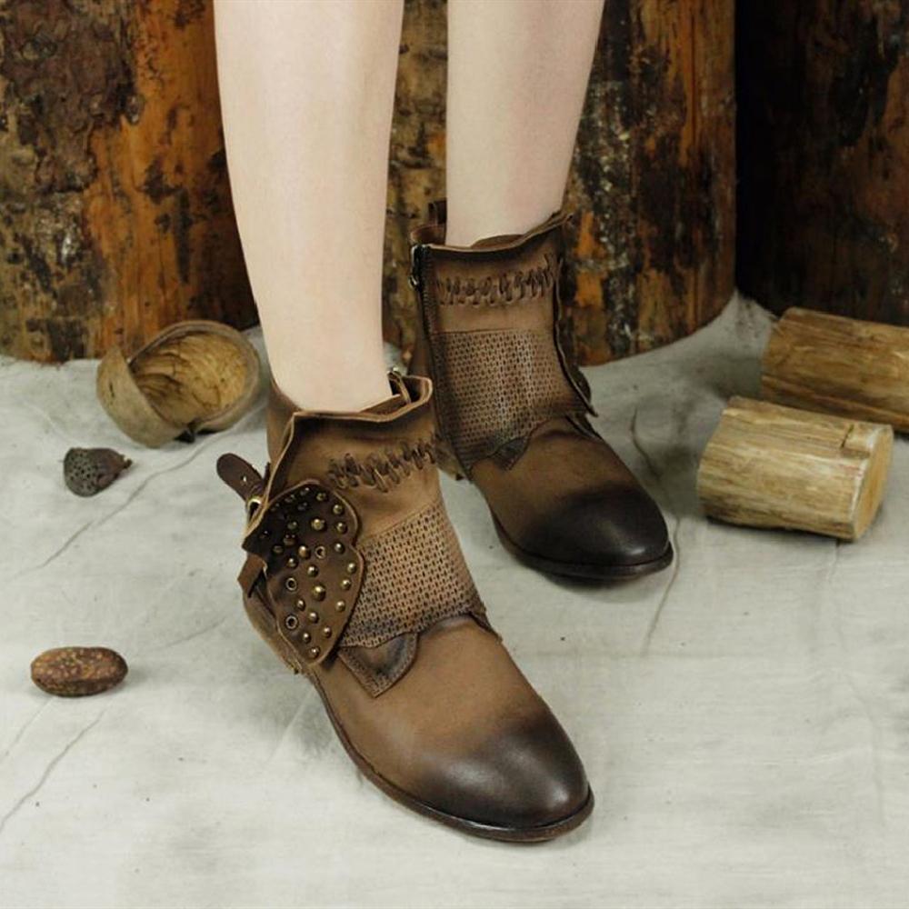 Women Booties Sheepskin Leather Short Ankle Boots For Women Low Heel Brown