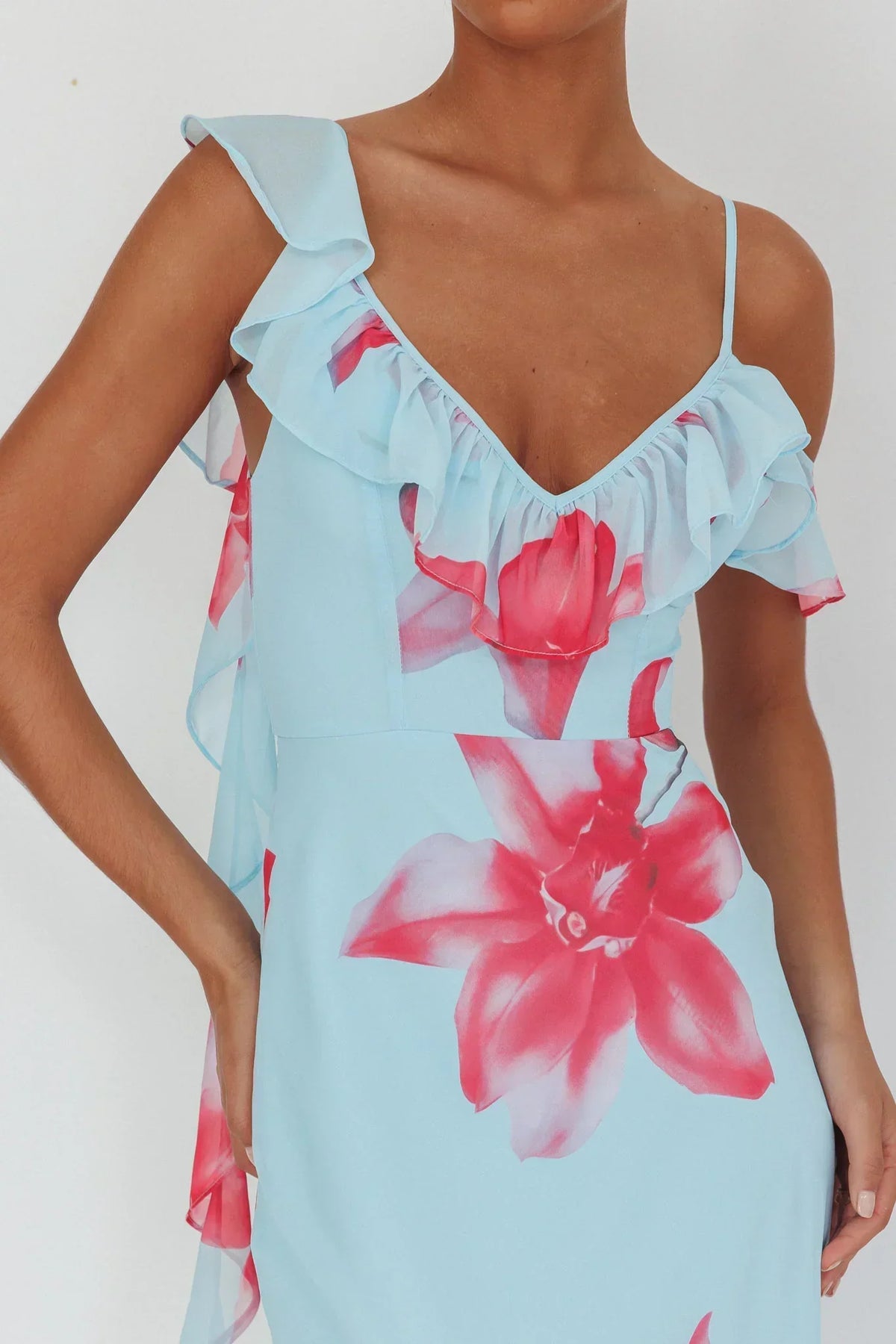 Floral Print Chiffon Ruffle Trim V-Neck Asymmetric Strap Mermaid Maxi Dress 3