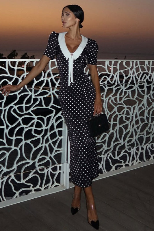 Polka Edition Dot VNeck Puff Sleeve Bodycon Maxi Dress