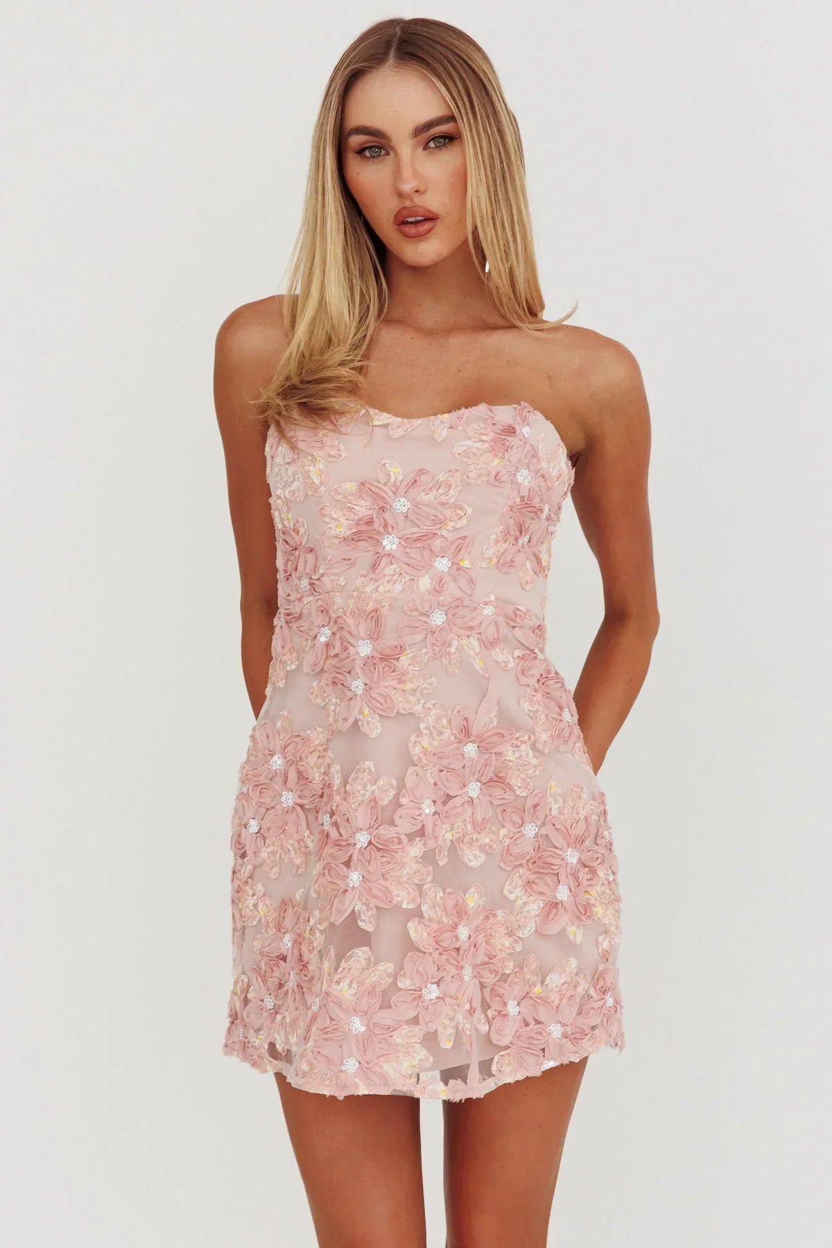 3D Floral Applique Sequin Strapless Sweetheart Mini Dress