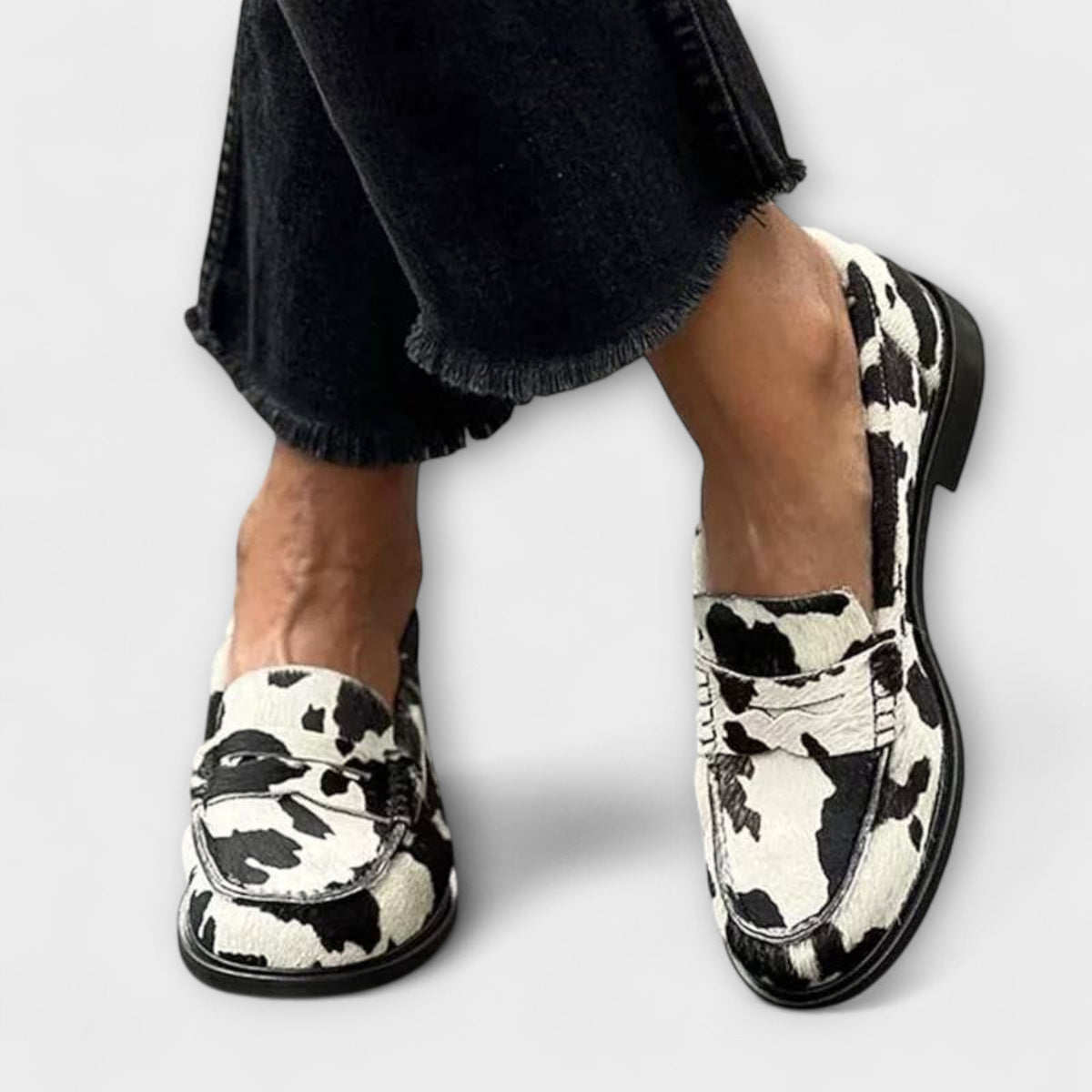 Cow Print Round Toe Buckle Strap Flat Loafers