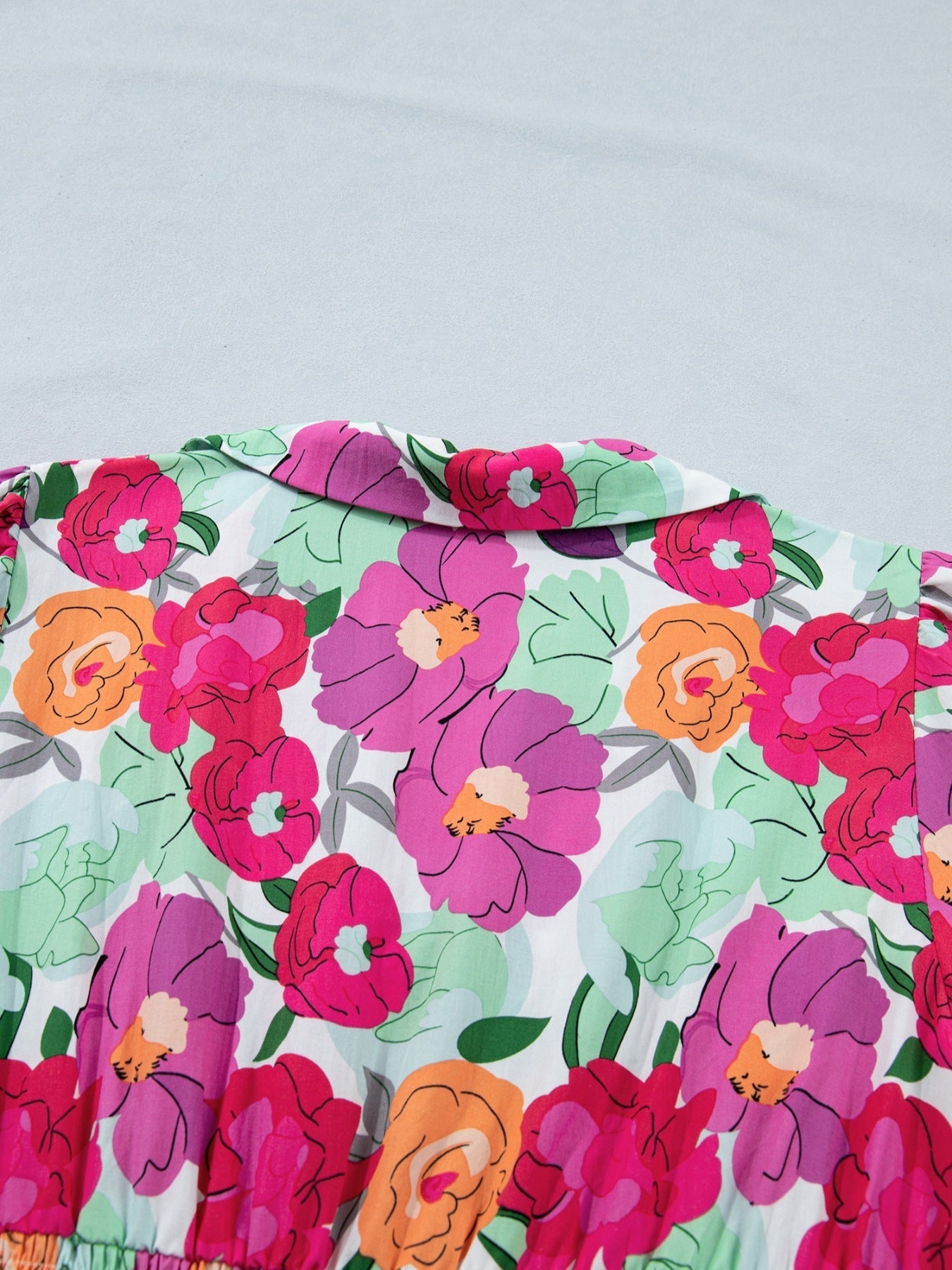 Vibrant Floral Print V Neck Zip Up Puffy Half Sleeve Dress