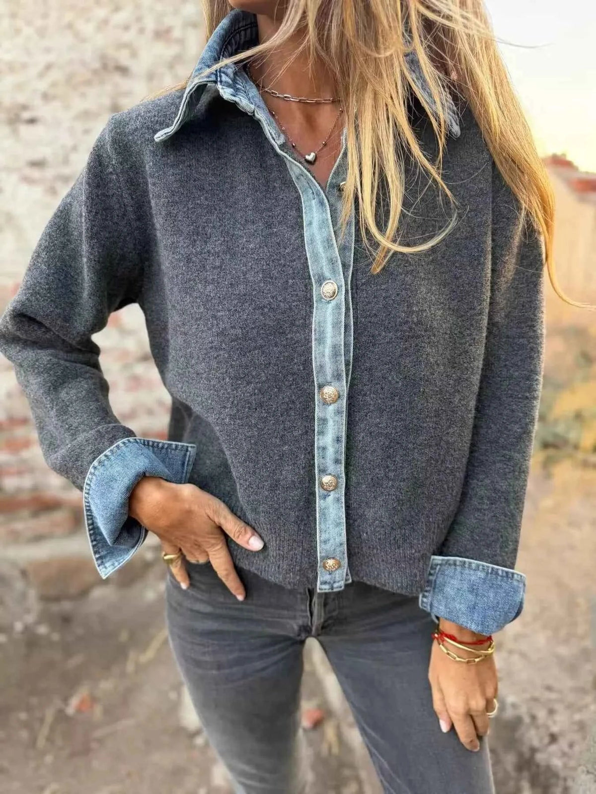 Denim-Look Collar and Cuff Trim Button Front Knit Cardigan 4