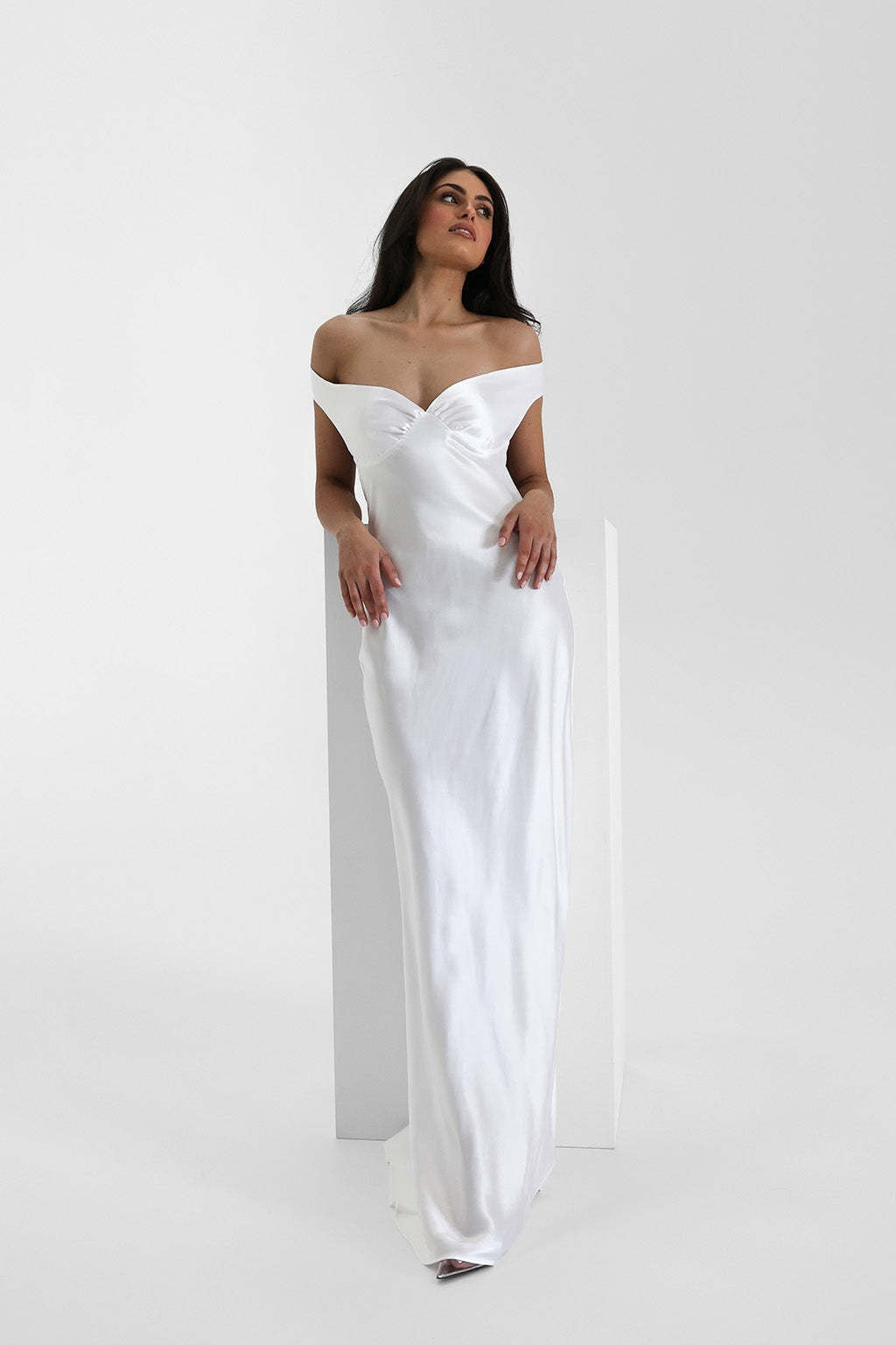 Satin Off Shoulder Sweetheart Slip Maxi Dress