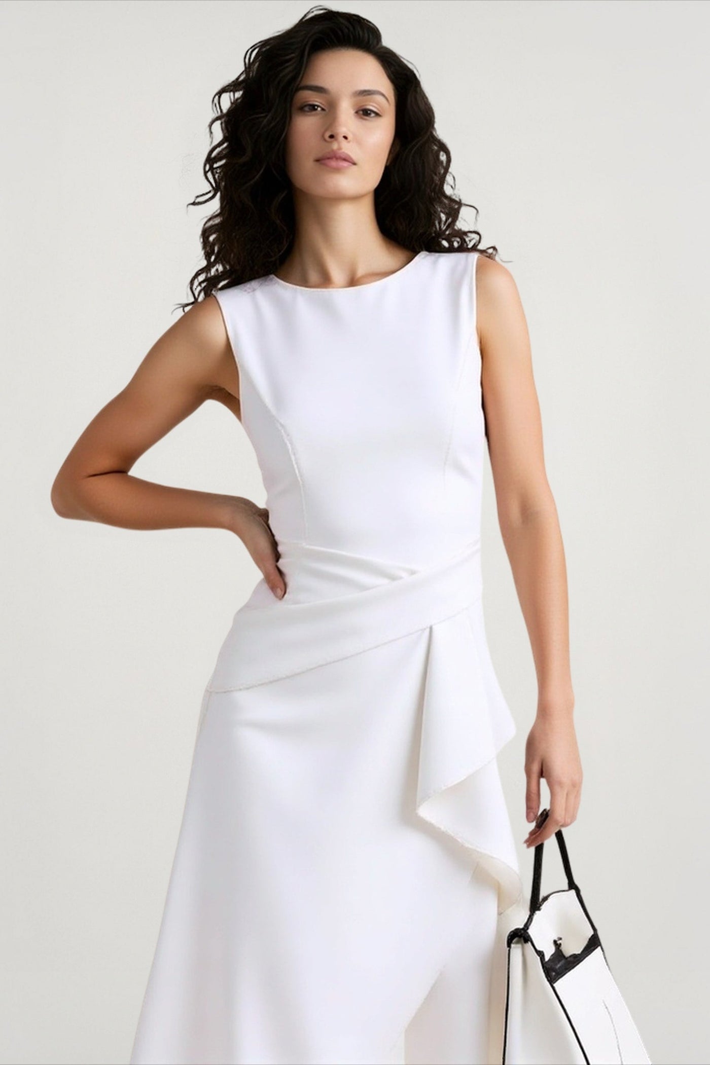 Solid Waisted Sleeveless Asymmetrical Long Work Dress