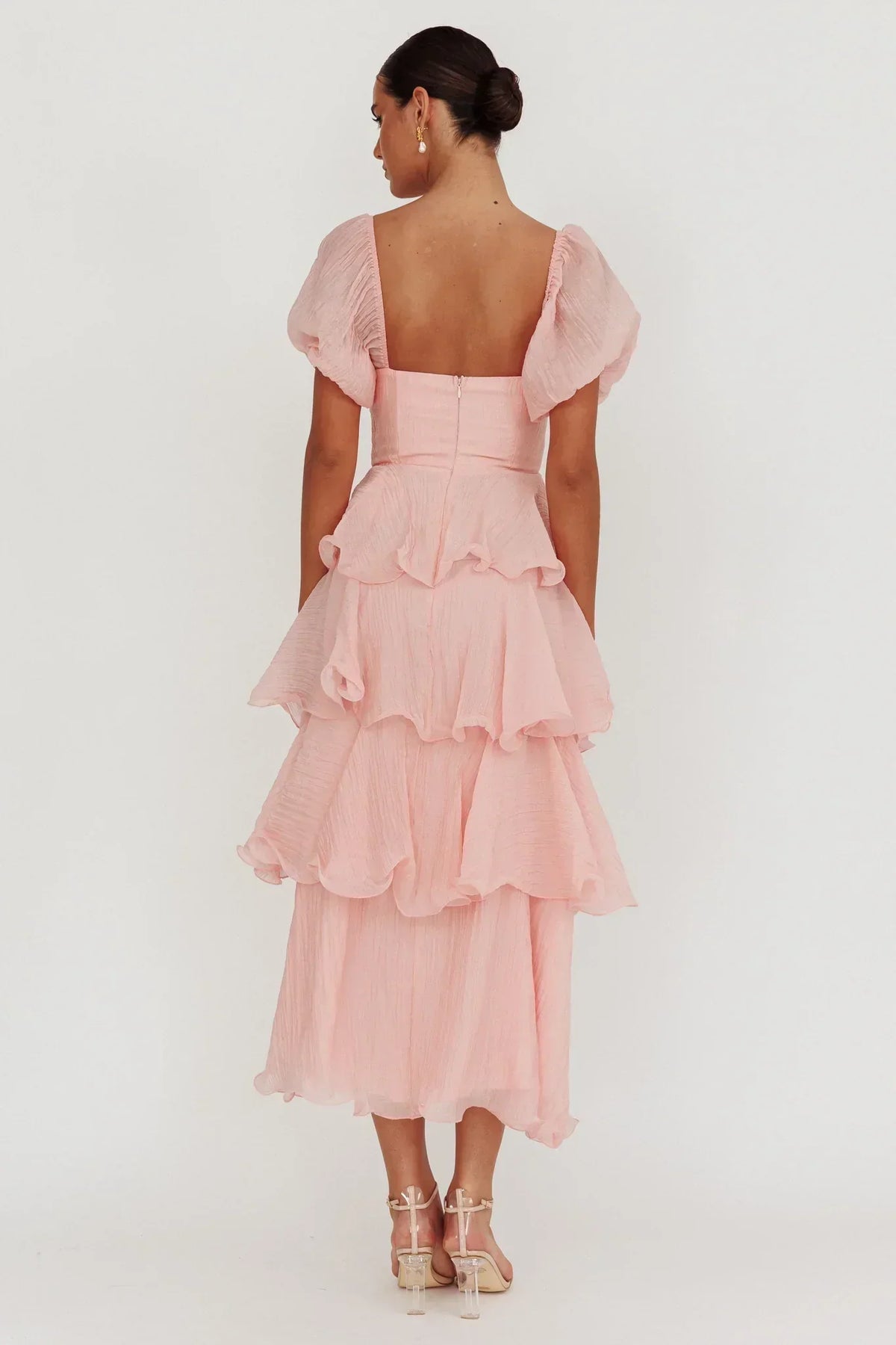 Square Neck Puff Sleeve Tiered Ruffle Midi Dress 2