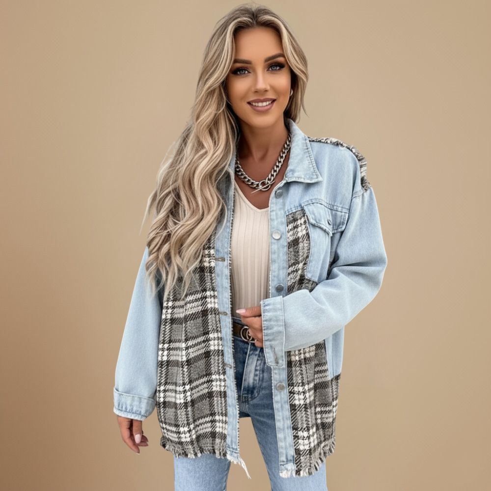 Denim Jacket with Plaid Patchwork and Button Closure