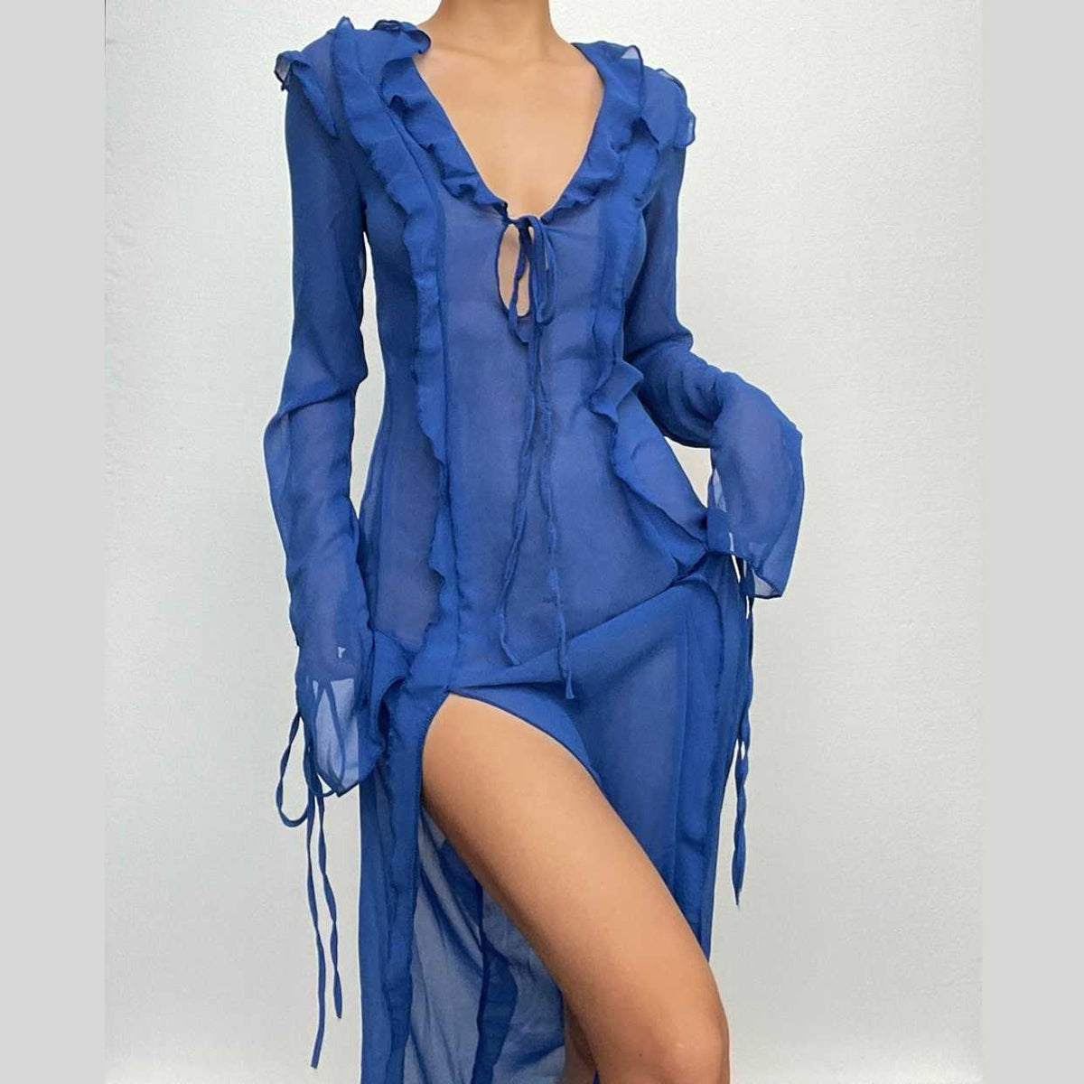 Sheer Chiffon V-Neck Ruffle Trim Tie Front Flare Sleeve High Split Maxi Dress