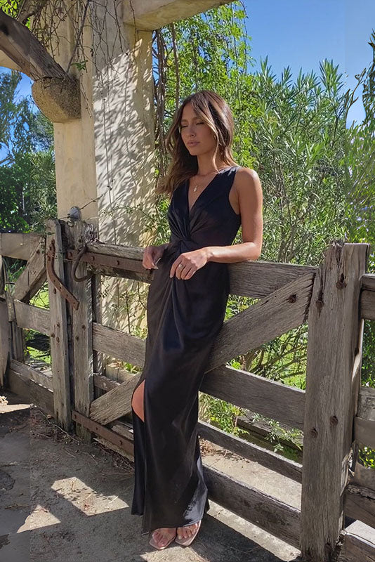 Satin Sleeveless Gathered Waist Column Slip Maxi Dress