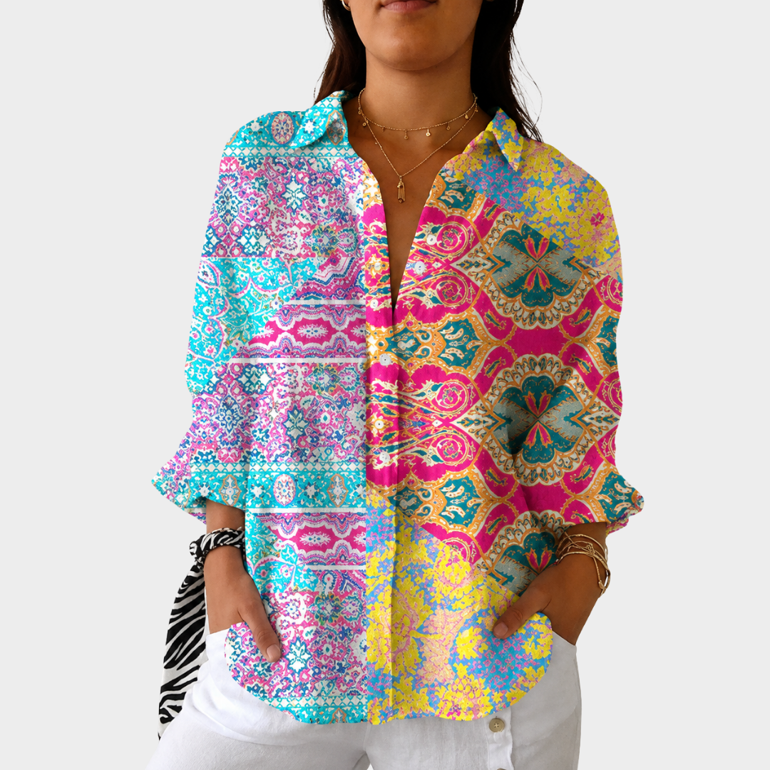 Collared Long Sleeve Patchwork Print Button Front Shirt