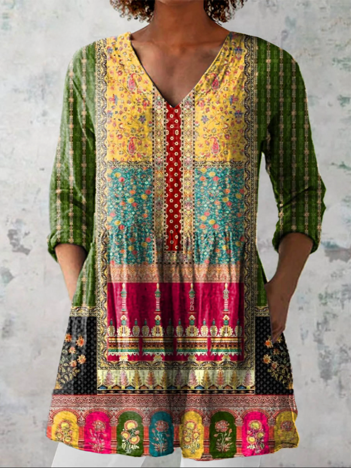 Patchwork Print V-Neck Long Sleeve Tunic Blouse