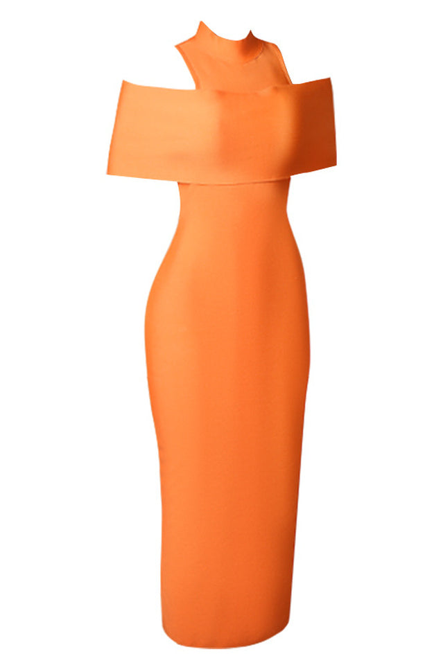 Mock Neck Cold Shoulder Cape Overlay Bandage Bodycon Midi Dress 13