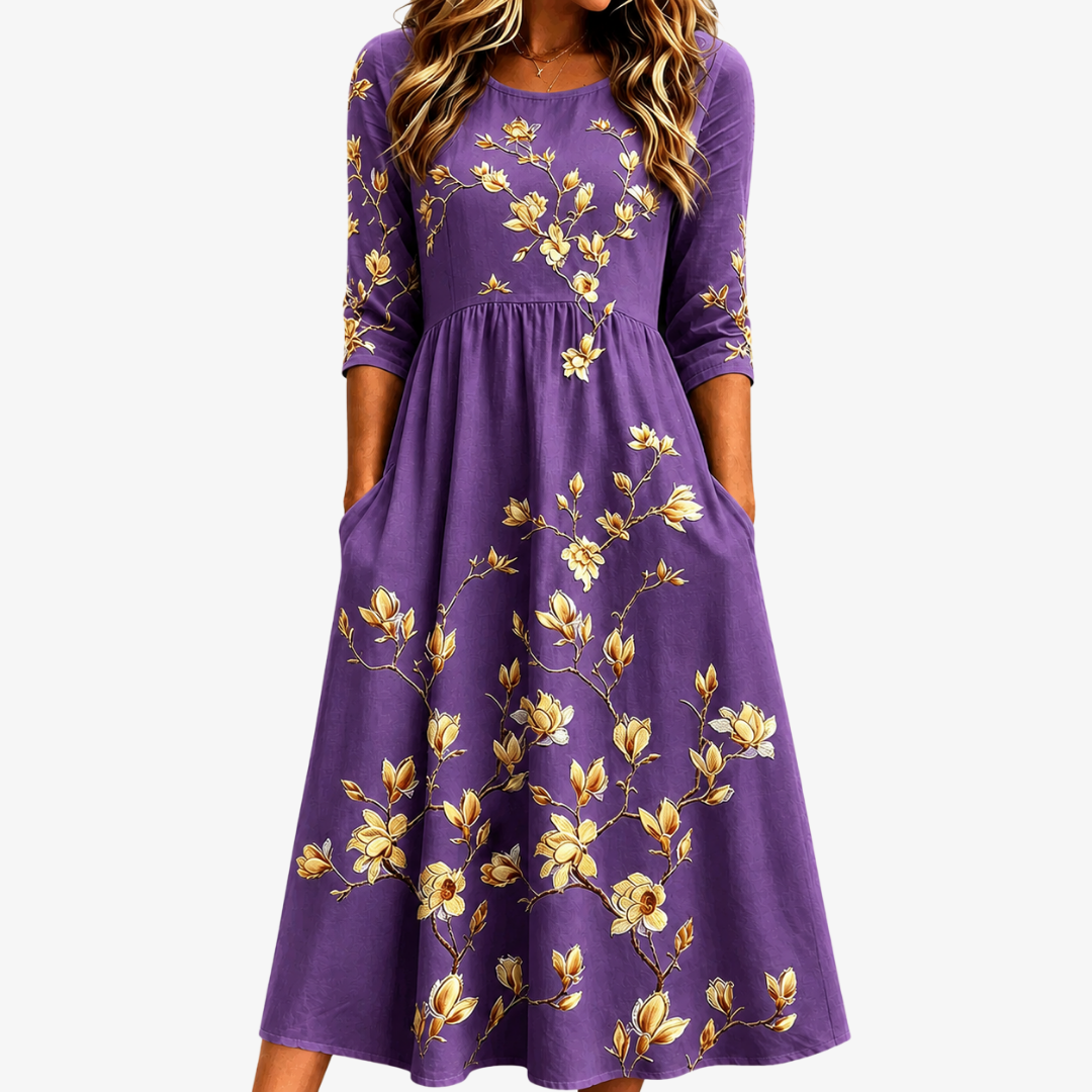 Floral Round Neck Three Quarter Sleeve Pocket Midi Dress
