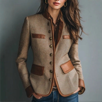 Stand Collar Faux Leather Trim Button Front Tweed Blazer