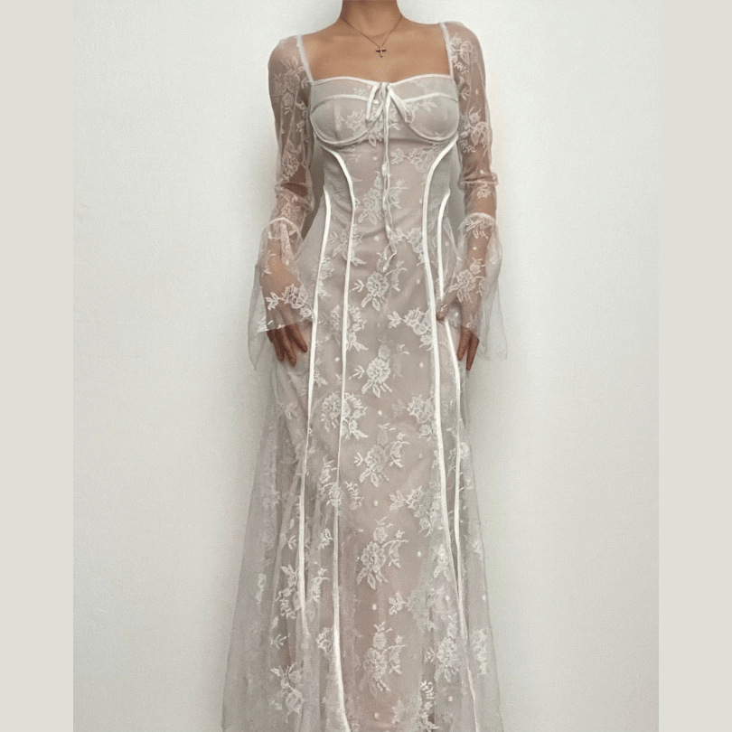 Square Neck Sheer Lace Flared Sleeve Tie Front Contrast Piping Maxi Dress