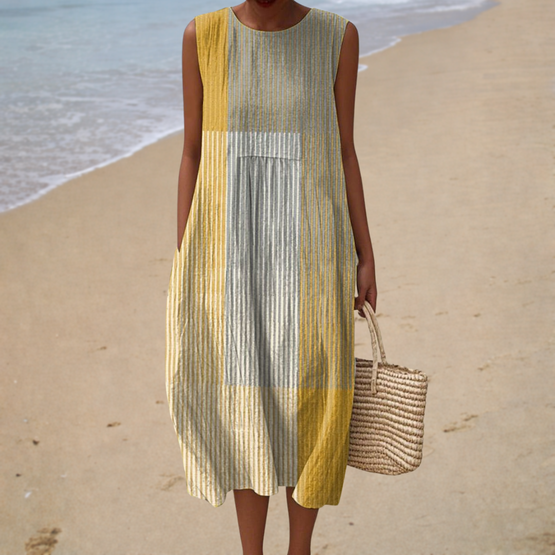 Striped Patchwork Sleeveless Pocket Cocoon Midi Dress