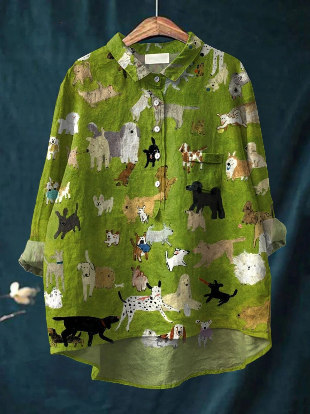 Dog Print Collared Long Sleeve Button Front Shirt