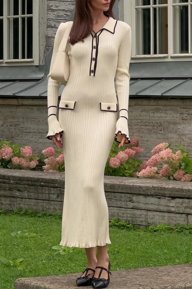 Ruffled Knit Collared Fitted Sweater Dress