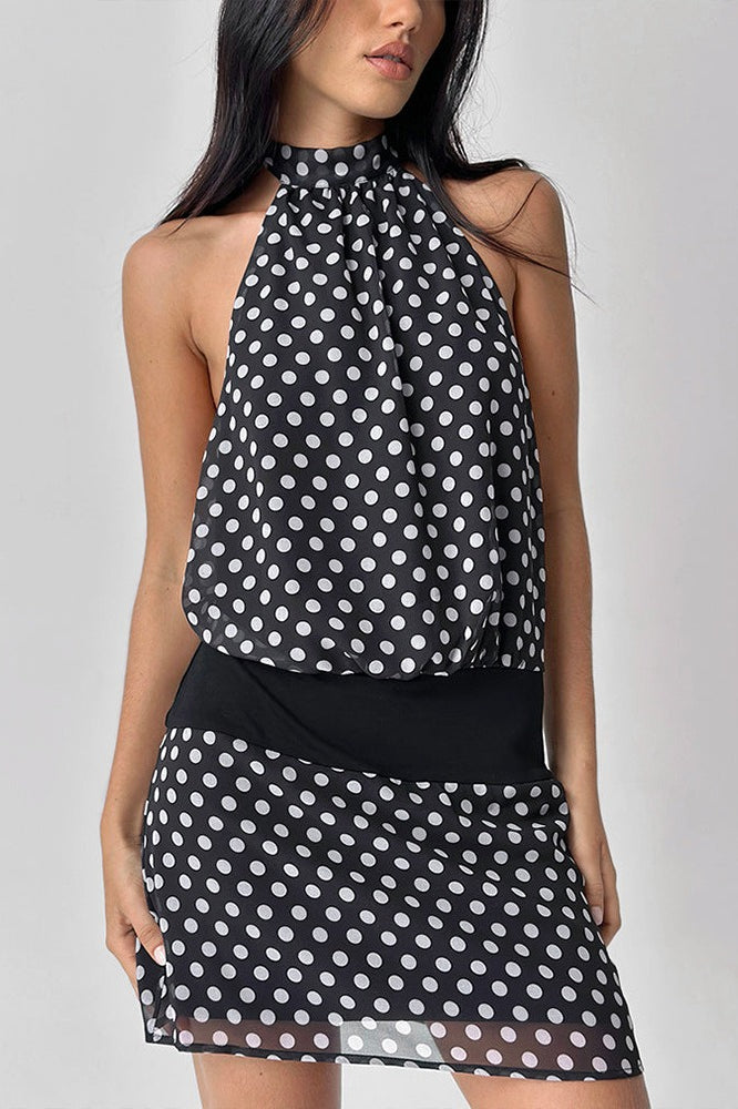 Polka Dot Halter Neck Backless Bodycon Mini Dress - View 2