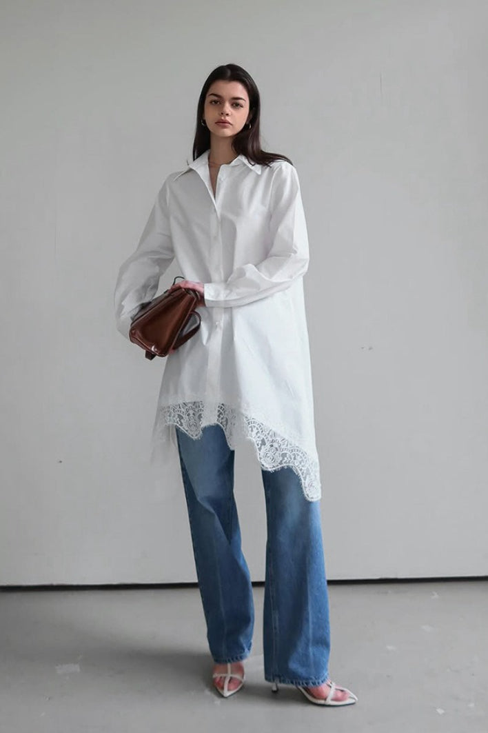 Soft Ruffled Lace Asymmetric Shirtdress Long Sleeve Mini Dress - View 4