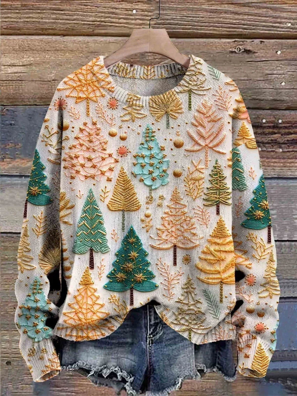 Crew Neck Christmas Tree Pattern Knit Sweater