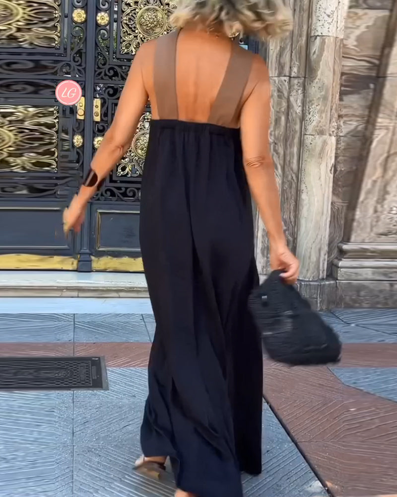 Cross Halter Neck Contrast Panel Sleeveless Draped Maxi Dress