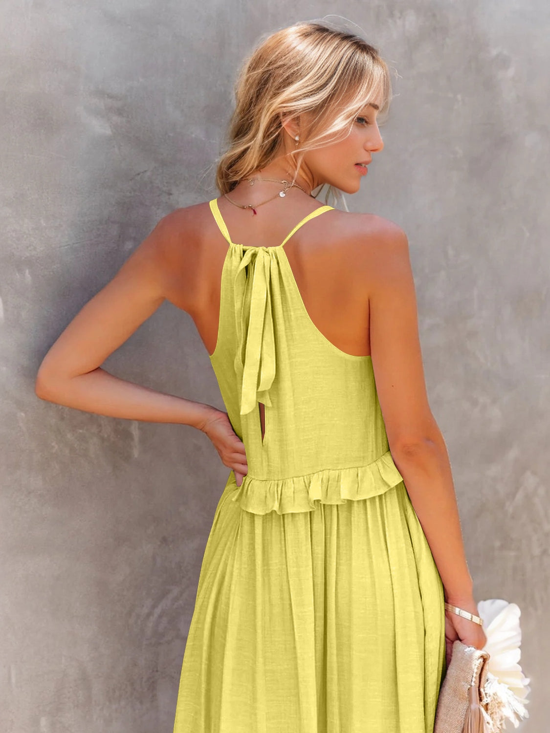 Halter Neck Sleeveless Ruffle Trim Tiered Maxi Dress with Pockets 7