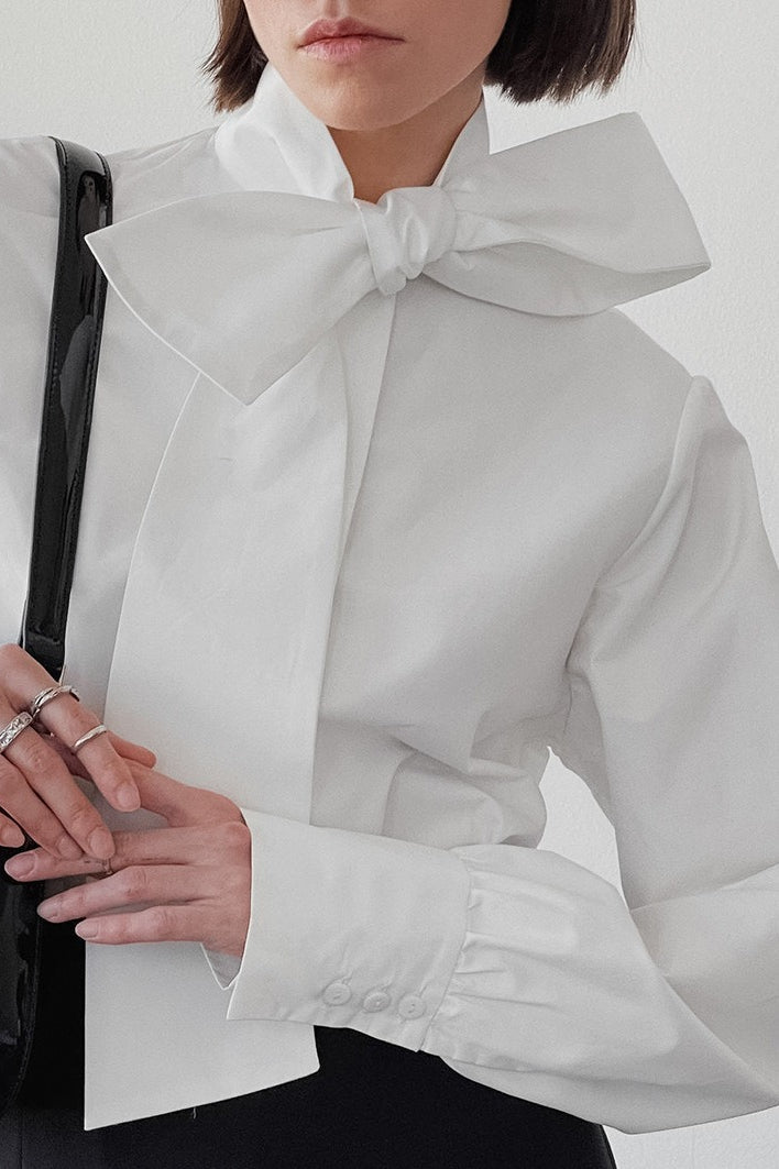 Bow Tie Neck Long Sleeve Pleated Cuff Poplin Blouse 4