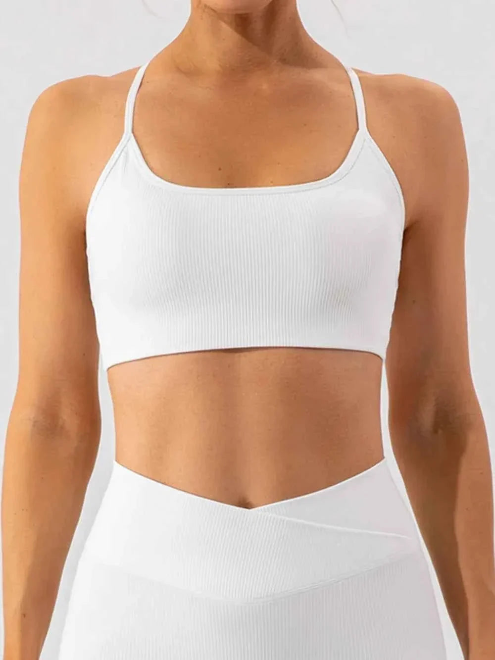 Ribbed Scoop Neck Spaghetti Strap Cropped Sports Bra Top 7
