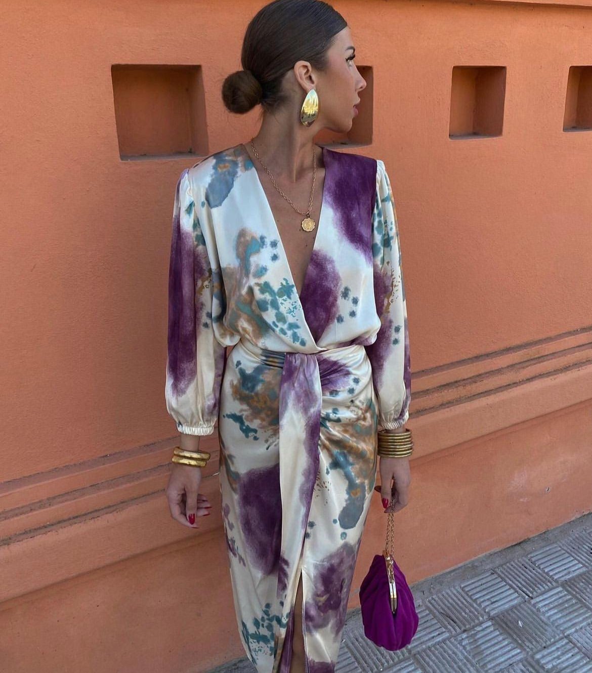 Floral Print V-Neck Long Sleeve Wrap Midi Dress