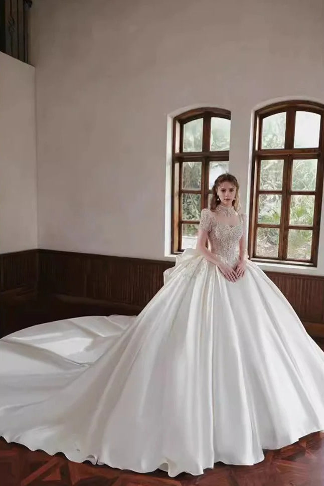 Satin Cathedral Train Wedding Dress