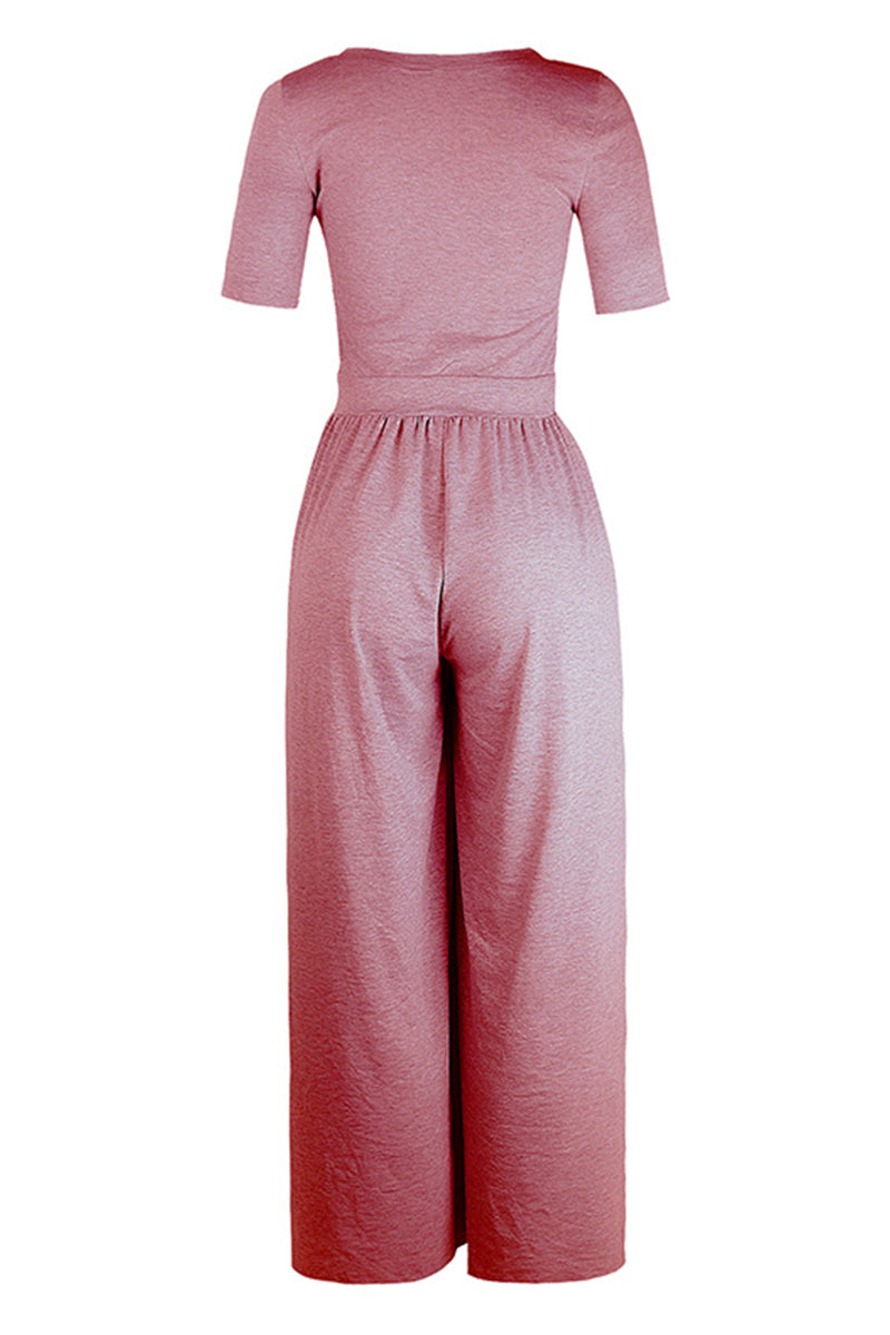 Round Neck Short Sleeve High Waist Long Jumpsuit