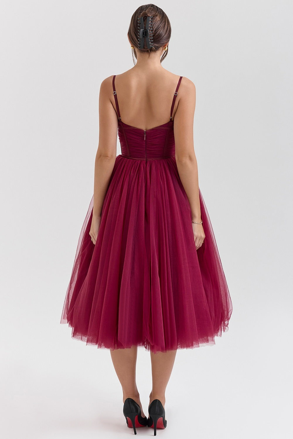 Tulle Sweetheart Spaghetti Strap Corset Fit and Flare Midi Dress