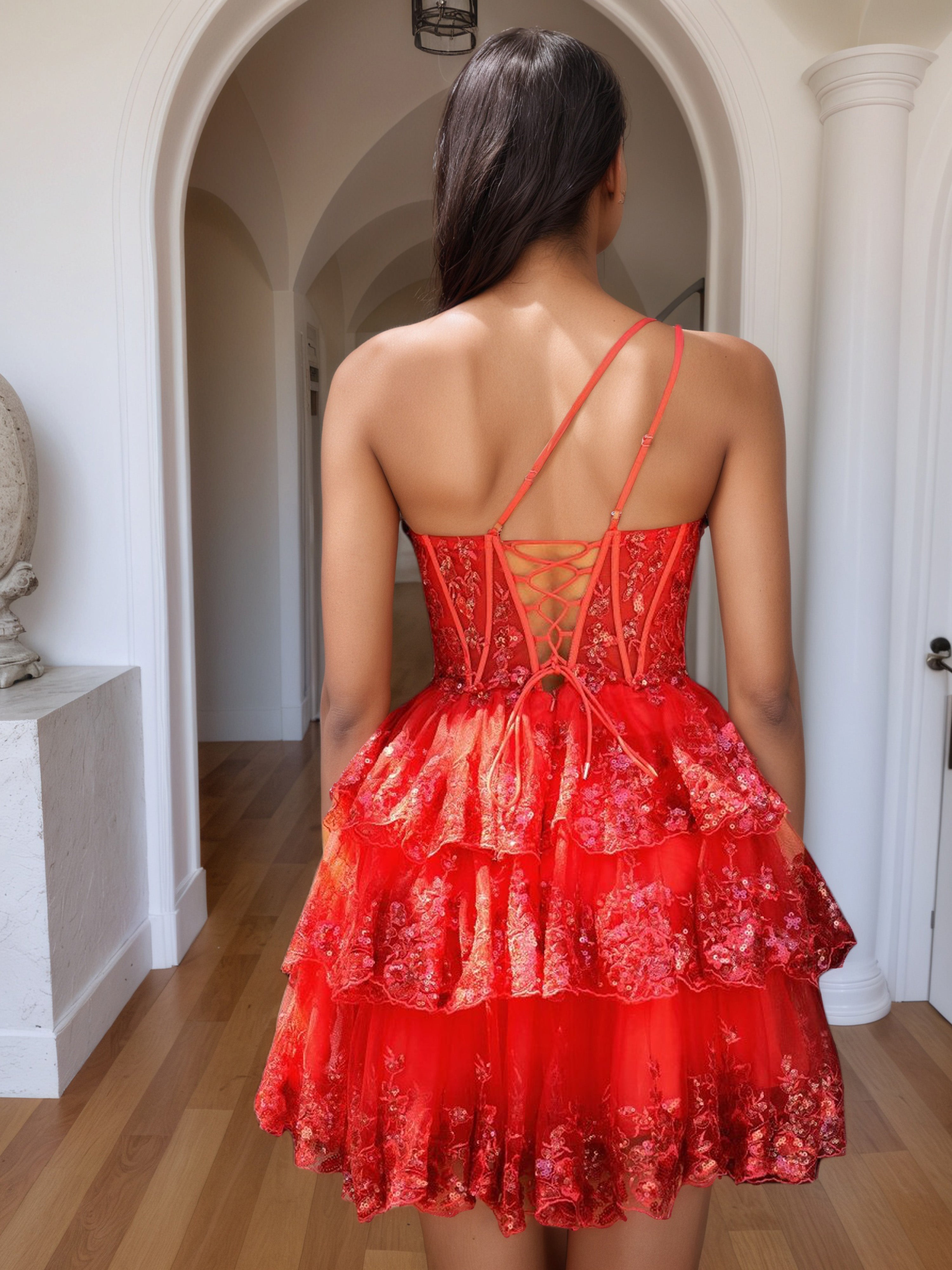 One Shoulder Red Tiered Lace A Line Homecoming Dress