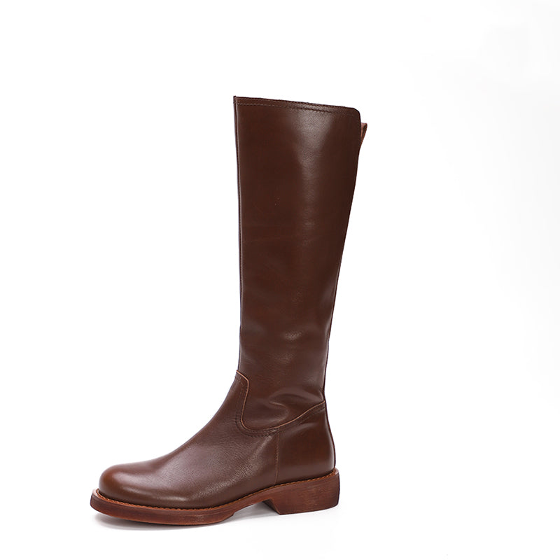 Handmade Soft Leather Knee High Boots Side Zip Riding Boots Black/Coffee