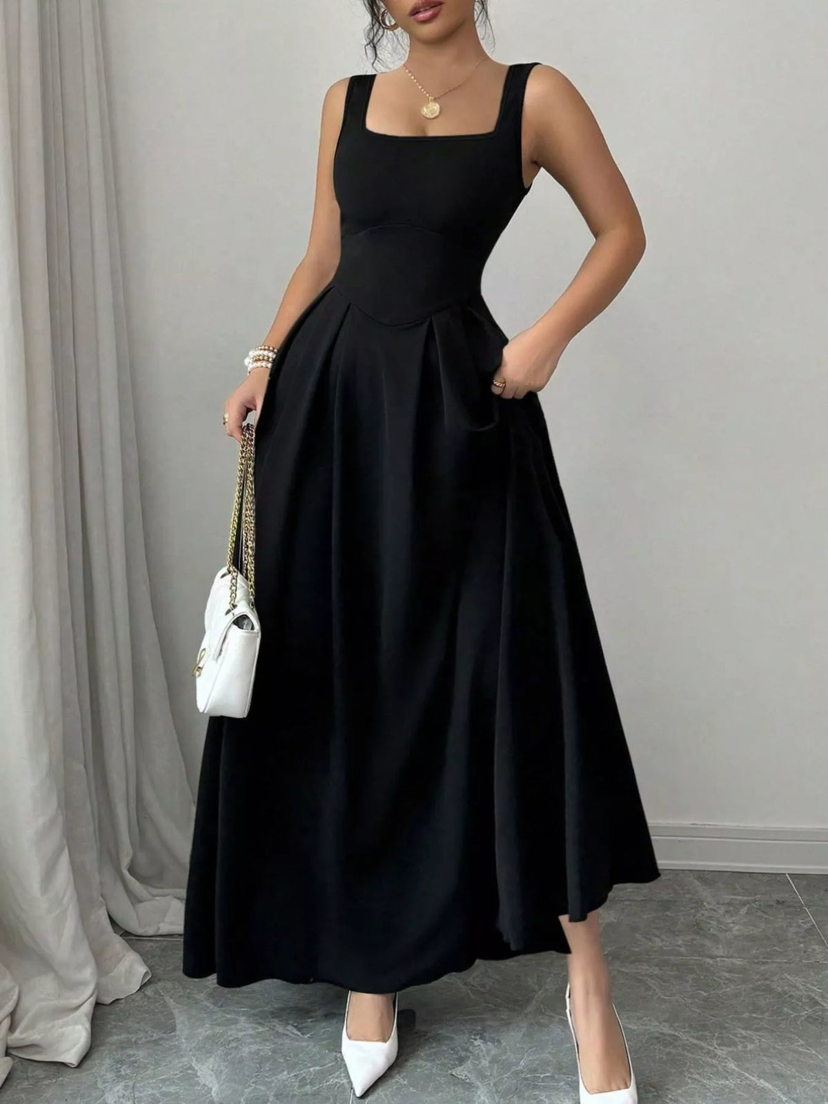 Square Neck Sleeveless Corset Waist Pleated A-Line Maxi Dress
