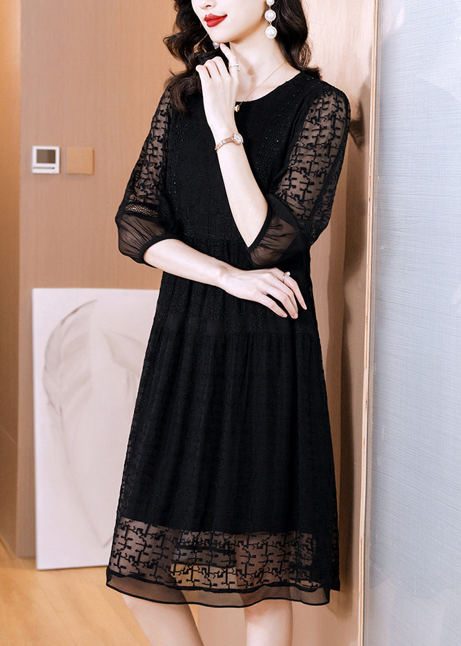 Sheer Geometric Panel Tiered Three Quarter Sleeve Mini Dress