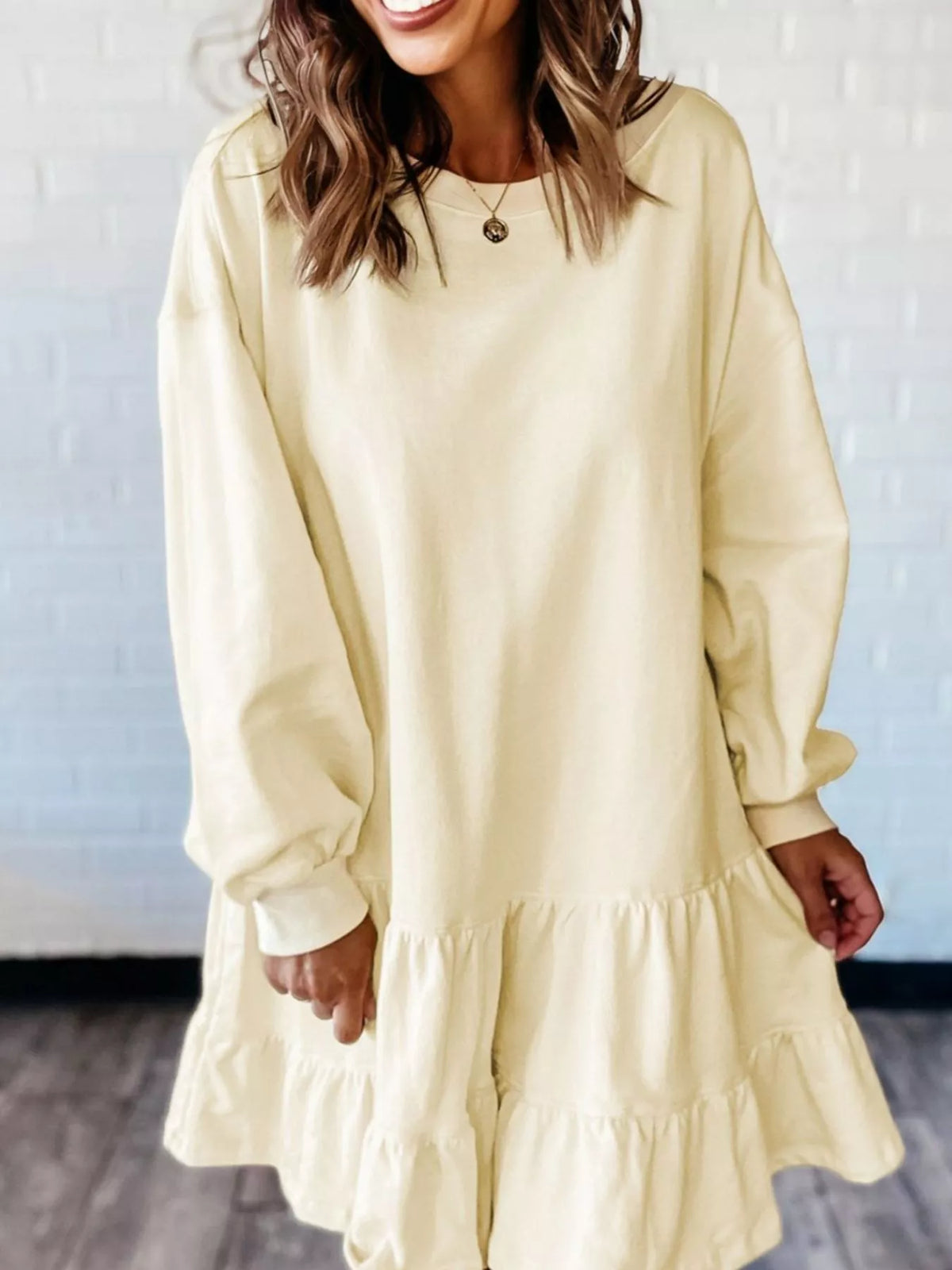 Crew Neck Long Sleeve Tiered Ruffle Hem Sweatshirt Mini Dress