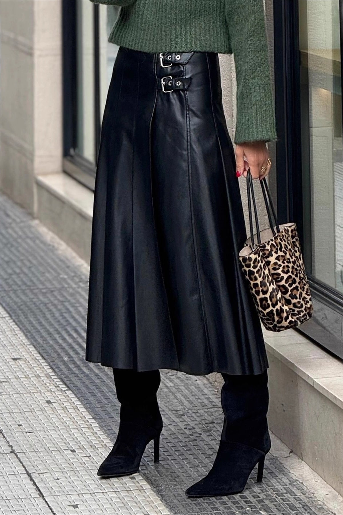 Faux Leather Double Buckle Pleated A-Line Midi Skirt
