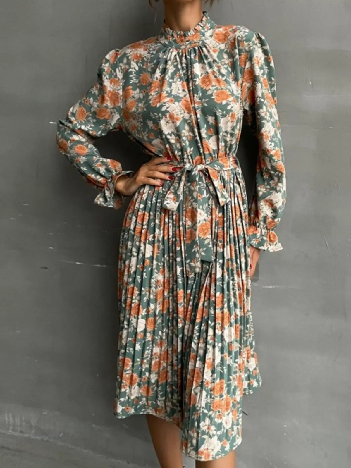 Floral Print Ruffle Mock Neck Long Sleeve Belted Pleated Midi Dress