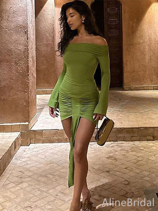 Off Shoulder Long Flared Sleeve Ruched Drape Bodycon Mini Dress