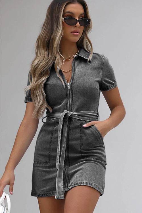 Trending Topic Zip Short Sleeve Denim Mini Dress - 3 Colors Dark Grey
