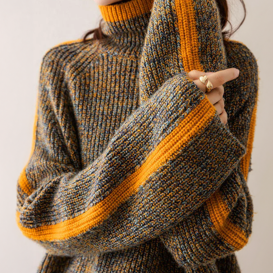 Turtleneck Contrast Trim Marled Knit Sweater